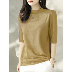 Basic House/百家好中袖針織衫女2025早秋新款五分袖半高領打底衫