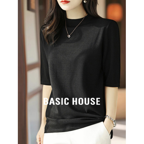 Basic House/百家好中袖針織衫女2025早秋新款五分袖半高領打底衫