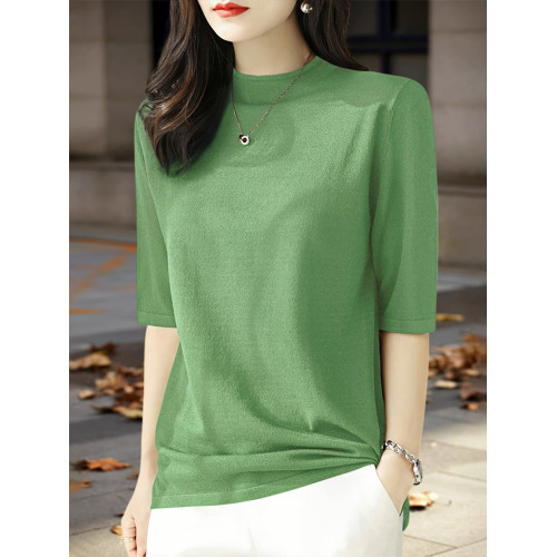 Basic House/百家好中袖針織衫女2025早秋新款五分袖半高領打底衫