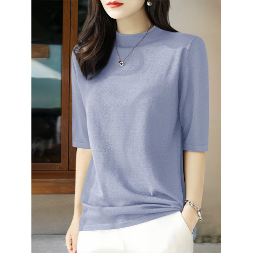 Basic House/百家好中袖針織衫女2025早秋新款五分袖半高領打底衫