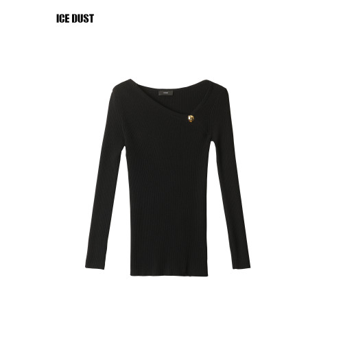 ICEDUST 冬季系列極簡斜領金釦修身長袖內搭針織打底衫上衣女士