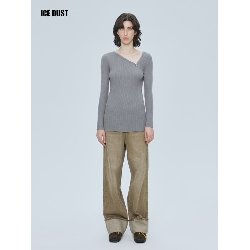 ICEDUST 冬季系列極簡斜領金釦修身長袖內搭針織打底衫上衣女士