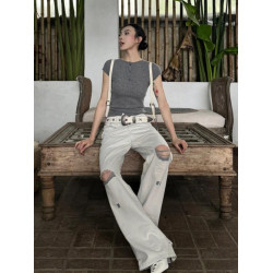 灰色圓領針織短袖上衣女夏季修身美式復古慵懶風設計感內搭打底衫