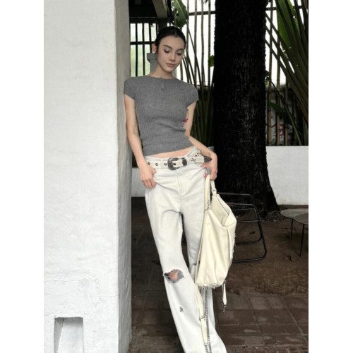 灰色圓領針織短袖上衣女夏季修身美式復古慵懶風設計感內搭打底衫