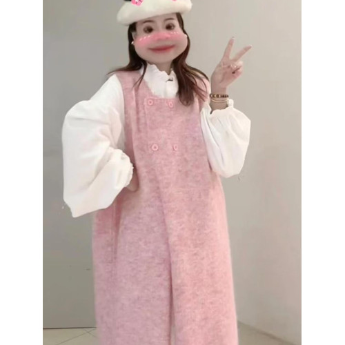 大碼胖mm遮肉顯瘦粉色馬甲長裙女秋冬季針織背心寬松打底衫過膝裙