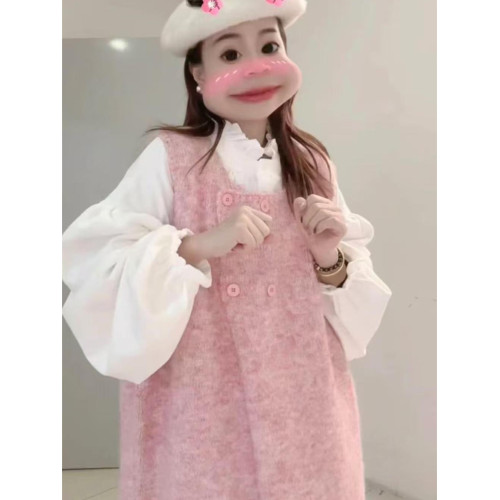大碼胖mm遮肉顯瘦粉色馬甲長裙女秋冬季針織背心寬松打底衫過膝裙