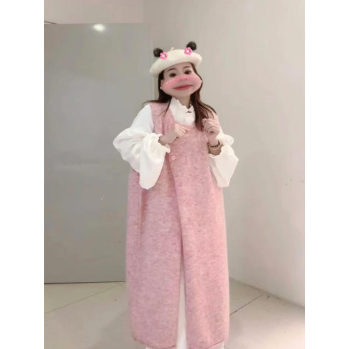 大碼胖mm遮肉顯瘦粉色馬甲長裙女秋冬季針織背心寬松打底衫過膝裙