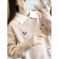 紅色假兩件毛衣女裝秋冬季高中初中學生大童本命年針織打底衫上衣