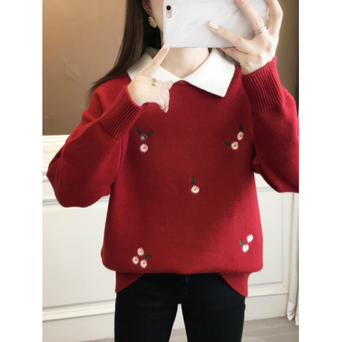 紅色假兩件毛衣女裝秋冬季高中初中學生大童本命年針織打底衫上衣