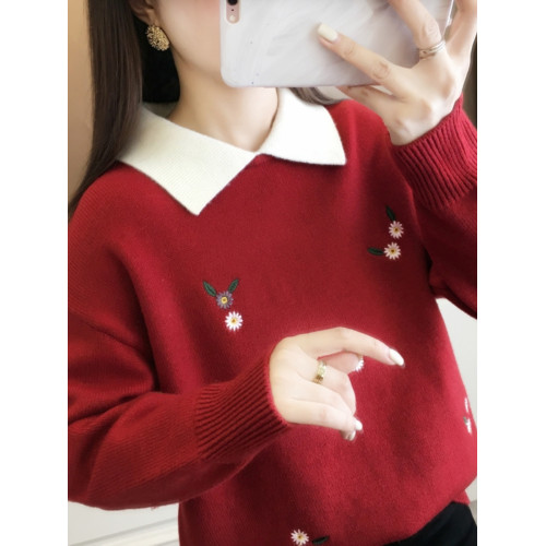 紅色假兩件毛衣女裝秋冬季高中初中學生大童本命年針織打底衫上衣