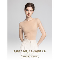 100%美麗諾羊毛打底衫女夏季薄款小飛袖通勤圓領套頭包肩針織內搭