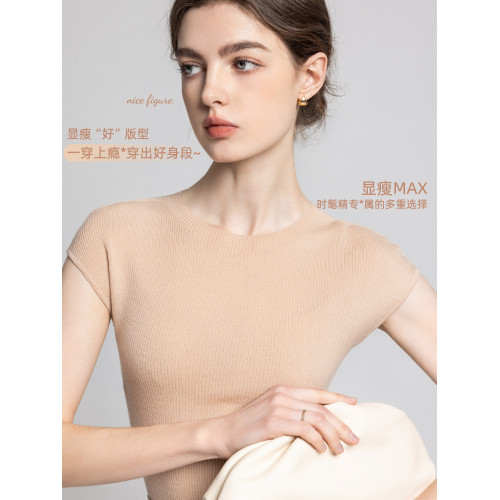 100%美麗諾羊毛打底衫女夏季薄款小飛袖通勤圓領套頭包肩針織內搭