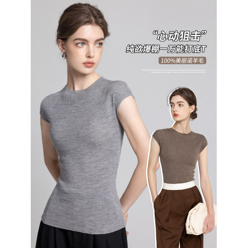 100%美麗諾羊毛打底衫女夏季薄款小飛袖通勤圓領套頭包肩針織內搭