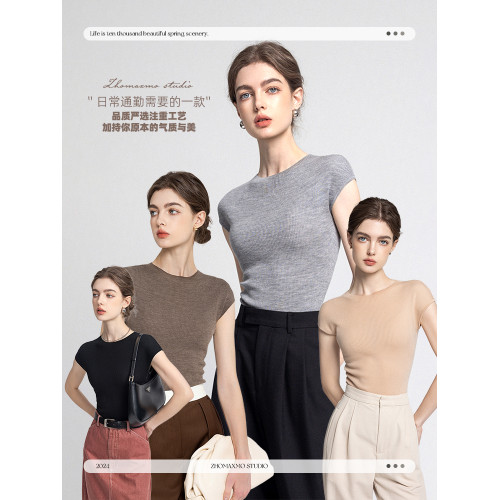 100%美麗諾羊毛打底衫女夏季薄款小飛袖通勤圓領套頭包肩針織內搭