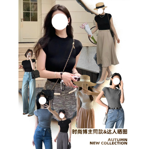 100%美麗諾羊毛打底衫女夏季薄款小飛袖通勤圓領套頭包肩針織內搭