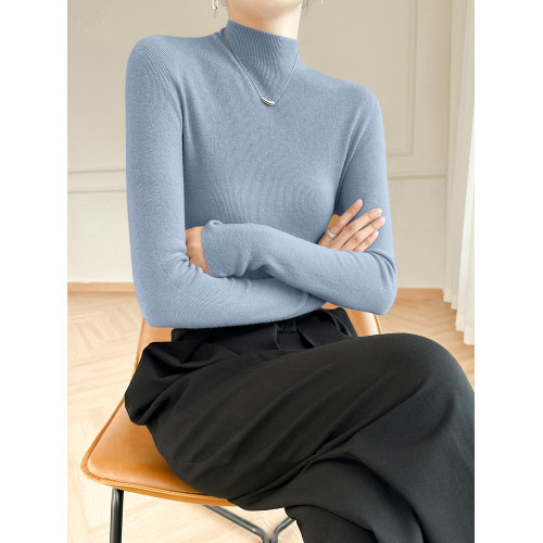 2025年春秋新款 精紡羊毛衫女100純羊毛半高領修身薄款打底衫毛衣