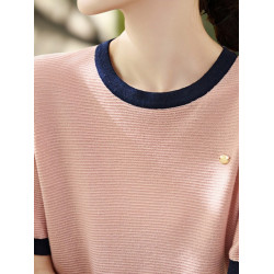 Basic House/百家好撞色圓領短袖針織衫女2025早秋新款休閒打底衫