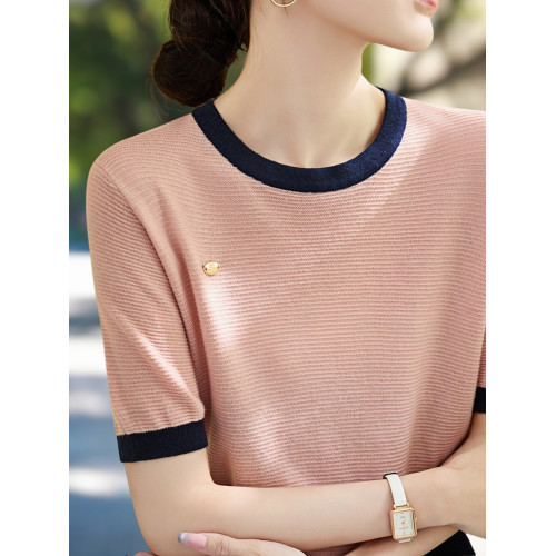 Basic House/百家好撞色圓領短袖針織衫女2025早秋新款休閒打底衫