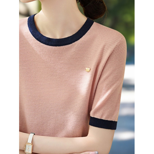 Basic House/百家好撞色圓領短袖針織衫女2025早秋新款休閒打底衫