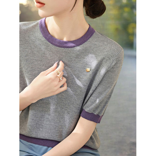 Basic House/百家好撞色圓領短袖針織衫女2025早秋新款休閒打底衫