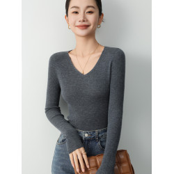 精紡V領羊毛衫女100純羊毛修身薄款 2025年春秋季新款打底衫毛衣