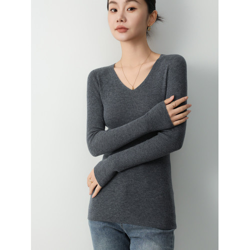 精紡V領羊毛衫女100純羊毛修身薄款 2025年春秋季新款打底衫毛衣