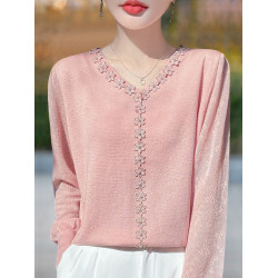 胖mm春秋大碼v領女士毛衣遮肚子顯瘦上衣2025新款蕾絲針織打底衫