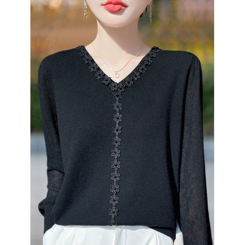 胖mm春秋大碼v領女士毛衣遮肚子顯瘦上衣2025新款蕾絲針織打底衫