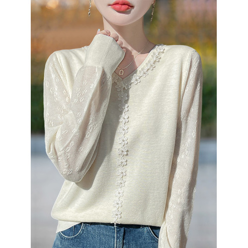 胖mm春秋大碼v領女士毛衣遮肚子顯瘦上衣2025新款蕾絲針織打底衫