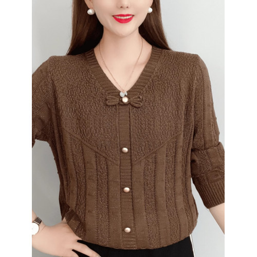 春秋裝薄款純色棉線針織衫女長袖上衣V領套頭外搭韓版寬松打底衫