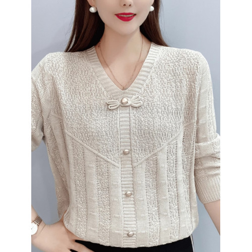 春秋裝薄款純色棉線針織衫女長袖上衣V領套頭外搭韓版寬松打底衫