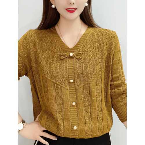 春秋裝薄款純色棉線針織衫女長袖上衣V領套頭外搭韓版寬松打底衫