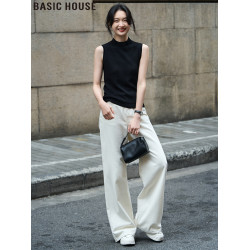 Basic House/百家好黑色半高領針織背心女夏季西裝內搭無袖打底衫