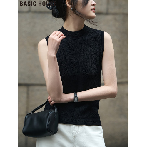 Basic House/百家好黑色半高領針織背心女夏季西裝內搭無袖打底衫