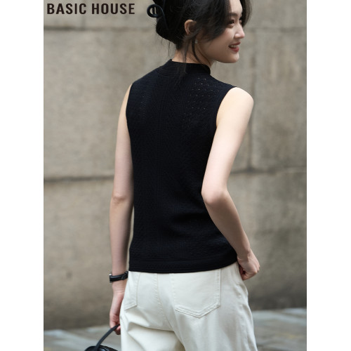 Basic House/百家好黑色半高領針織背心女夏季西裝內搭無袖打底衫