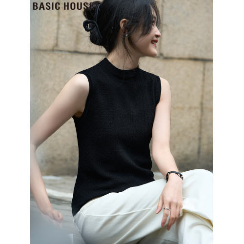 Basic House/百家好黑色半高領針織背心女夏季西裝內搭無袖打底衫