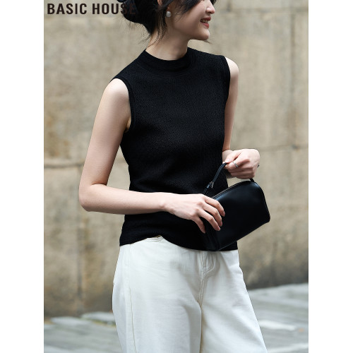 Basic House/百家好黑色半高領針織背心女夏季西裝內搭無袖打底衫