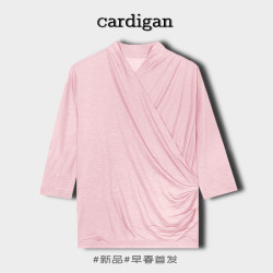 絲羊絨七分袖V領女裝打底衫春夏新款寬松薄款套頭純色斜襟假開衫