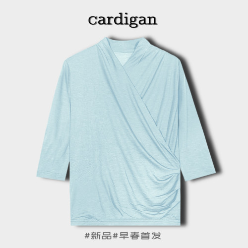 絲羊絨七分袖V領女裝打底衫春夏新款寬松薄款套頭純色斜襟假開衫