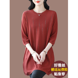 加肥加大碼桑蠶絲針織衫女中長款寬松200斤冰絲上衣遮肚子打底衫