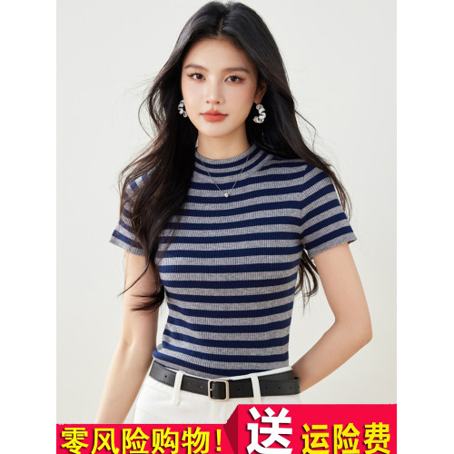 條紋短袖針織衫2025春季新款女裝小個子短款上衣半高領內搭打底衫