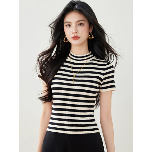 條紋短袖針織衫2025春季新款女裝小個子短款上衣半高領內搭打底衫