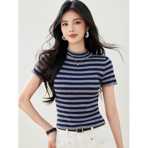 條紋短袖針織衫2025春季新款女裝小個子短款上衣半高領內搭打底衫