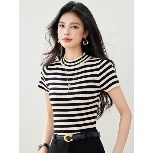 條紋短袖針織衫2025春季新款女裝小個子短款上衣半高領內搭打底衫