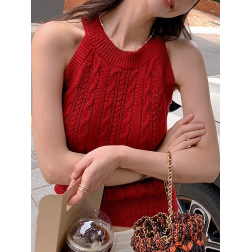 紅色針織背心女2025新款掛脖吊帶上衣高級感慵懶OL麻花無袖針織衫