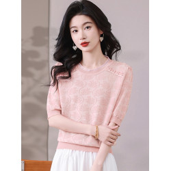 冰絲針織衫女短袖2025新款寬松薄款打底衫粉色萊賽爾天絲t恤上衣