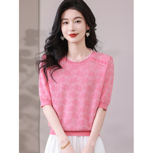 冰絲針織衫女短袖2025新款寬松薄款打底衫粉色萊賽爾天絲t恤上衣