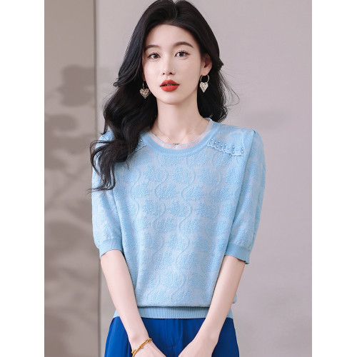 冰絲針織衫女短袖2025新款寬松薄款打底衫粉色萊賽爾天絲t恤上衣