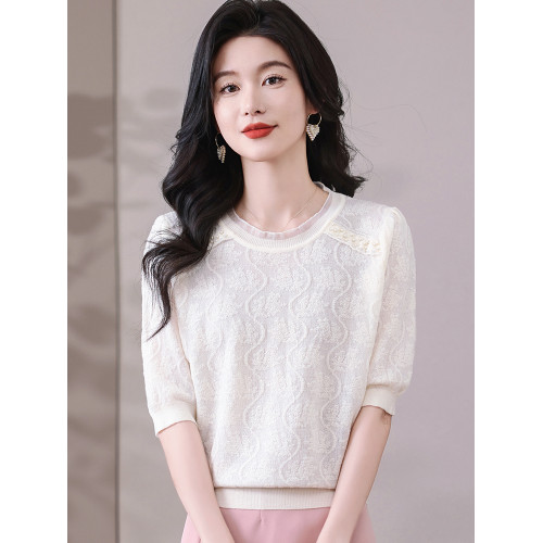 冰絲針織衫女短袖2025新款寬松薄款打底衫粉色萊賽爾天絲t恤上衣