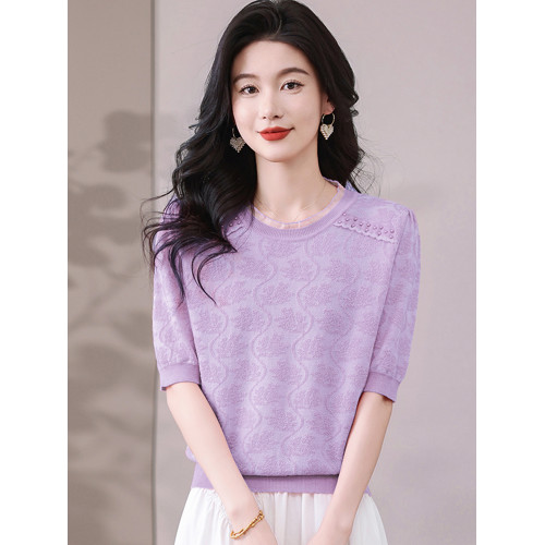 冰絲針織衫女短袖2025新款寬松薄款打底衫粉色萊賽爾天絲t恤上衣